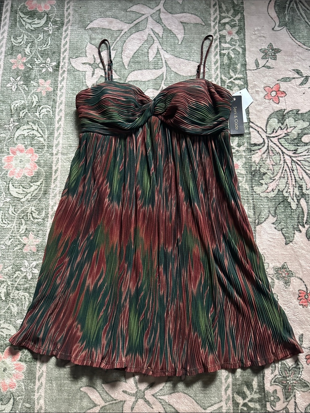 Seni & Cade Green and Rust Red Brown Pleated Spaghetti Strap Mini Dress NWT